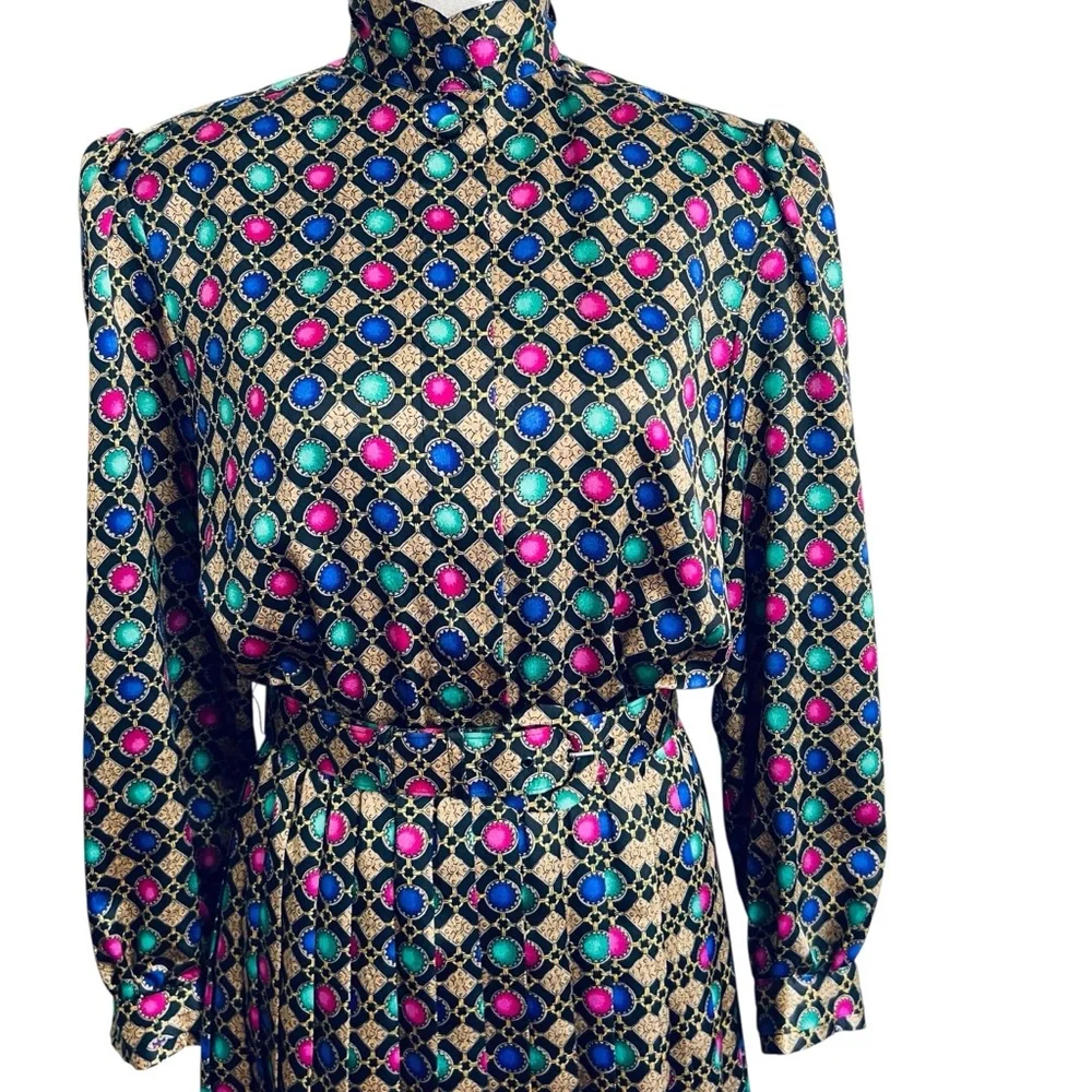 Vintage Pleated Medallion Print Jewel Tones Dress Size 8 - Picture 15 of 15